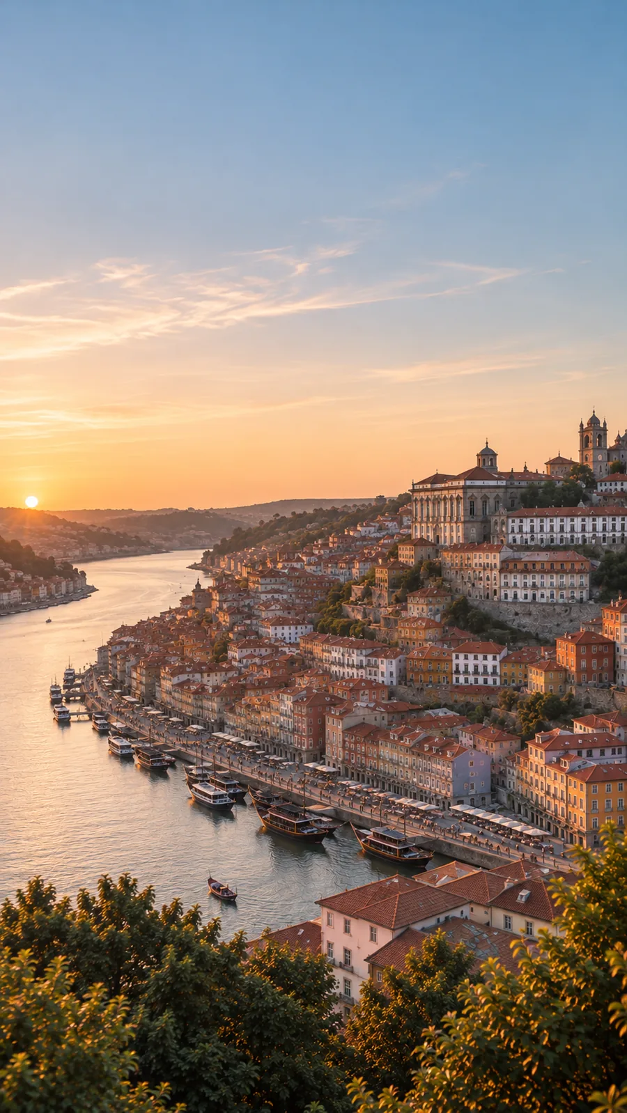 Porto's riverside and old town glowing at sunset